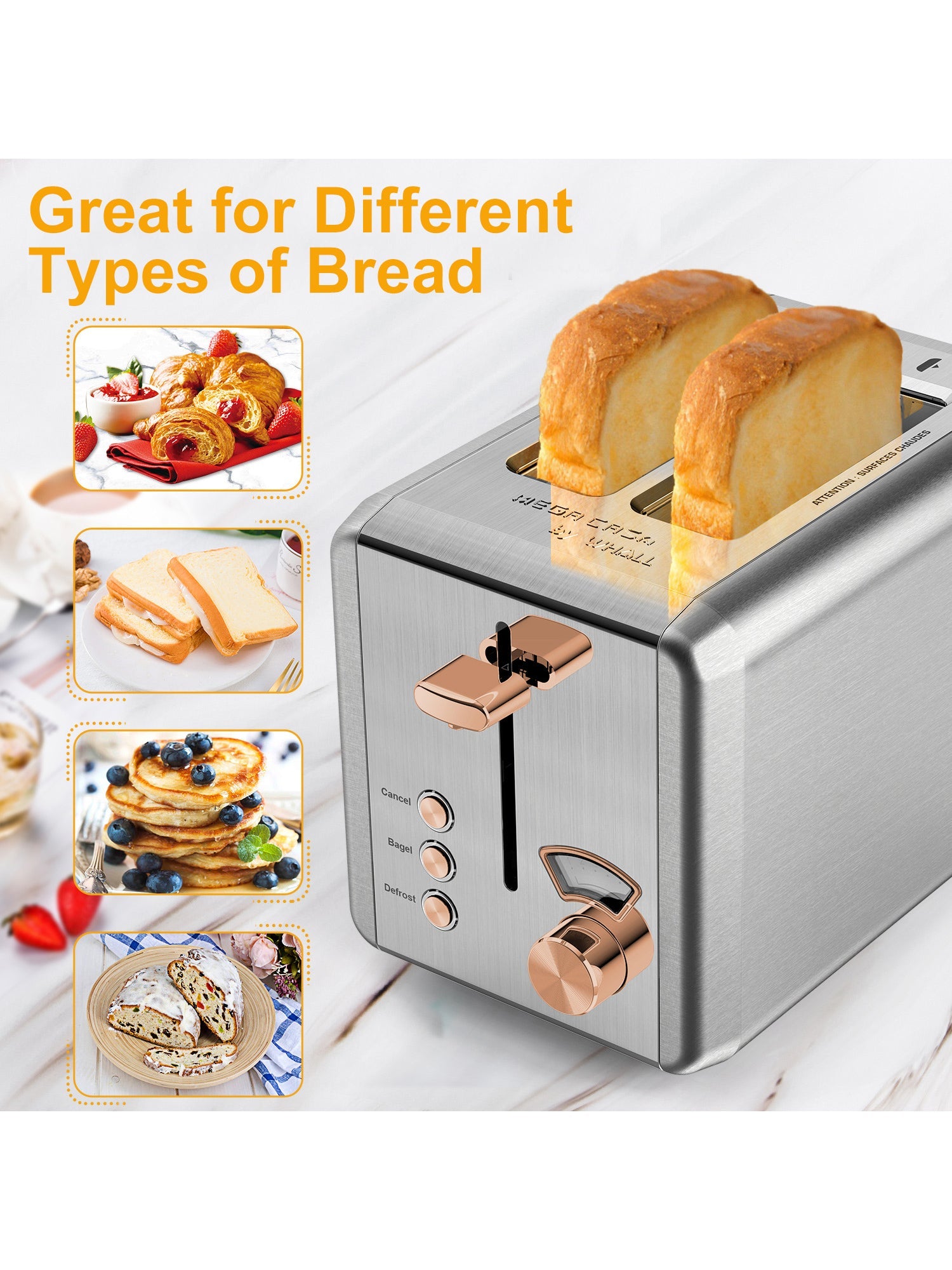WHALL Toaster 2 slice Stainless Steel Toasters with Bagel, Cancel, Defrost Function, 1.5in Wide Slot, 6 Shade Settings, Removable Crumb Tray, High Lift Lever, for Various Bread Types (850W)
