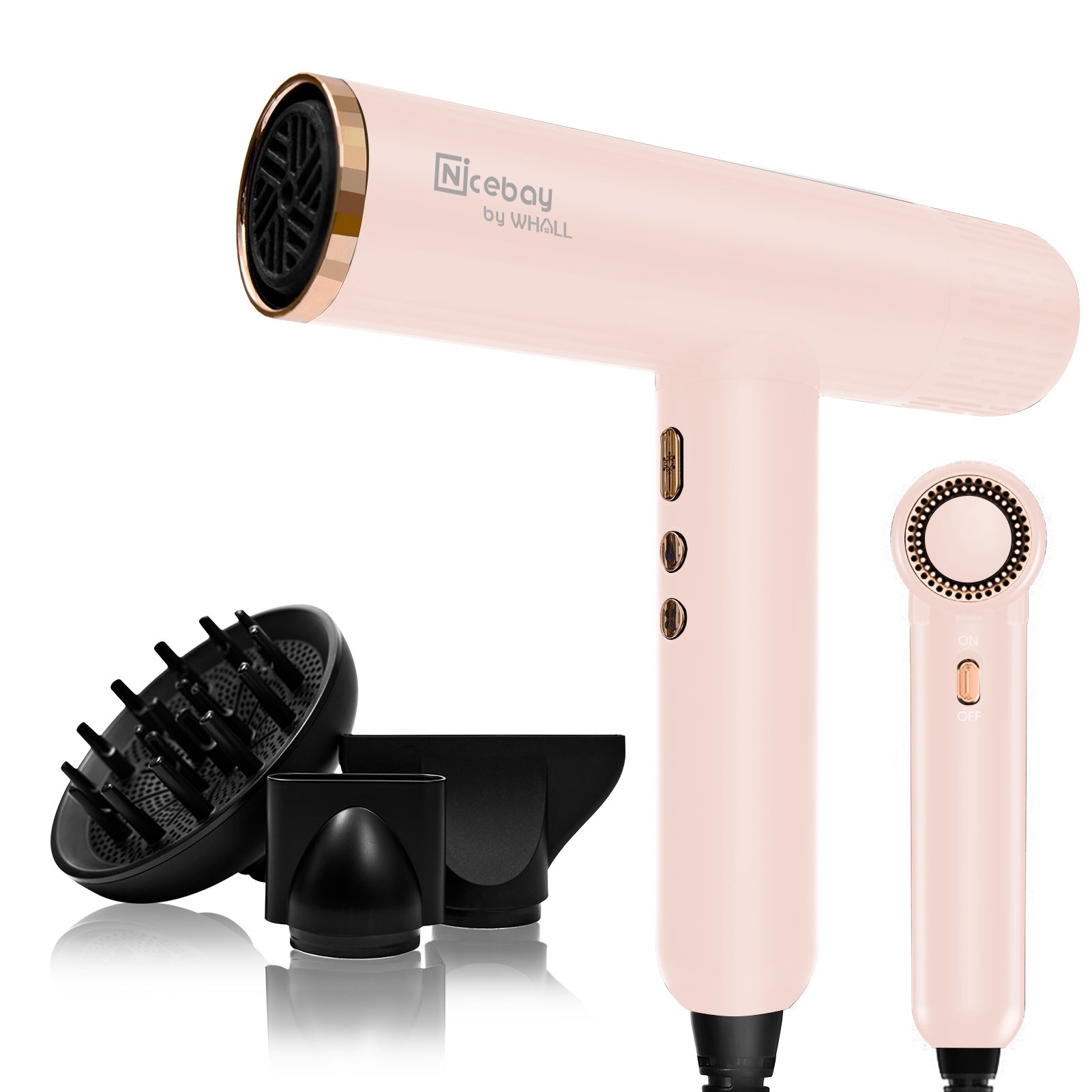 Nicebay 1600W High-Speed Brushless Motor Ionic Blow Dryer with Diffuser and 3 Magnetic Attachments for Fast Drying and Constant Temperature - Pink
